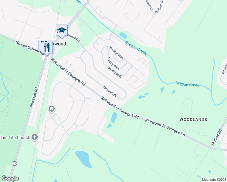 map of restaurants, bars, coffee shops, grocery stores, and more near 216 Cornwell Drive in Bear
