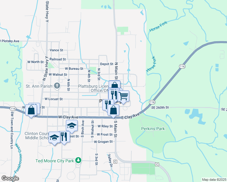 map of restaurants, bars, coffee shops, grocery stores, and more near 108 West Maple Street in Plattsburg