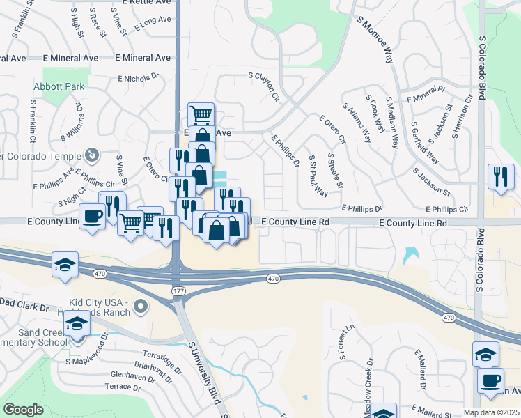 map of restaurants, bars, coffee shops, grocery stores, and more near 8264 South Fillmore Circle in Centennial