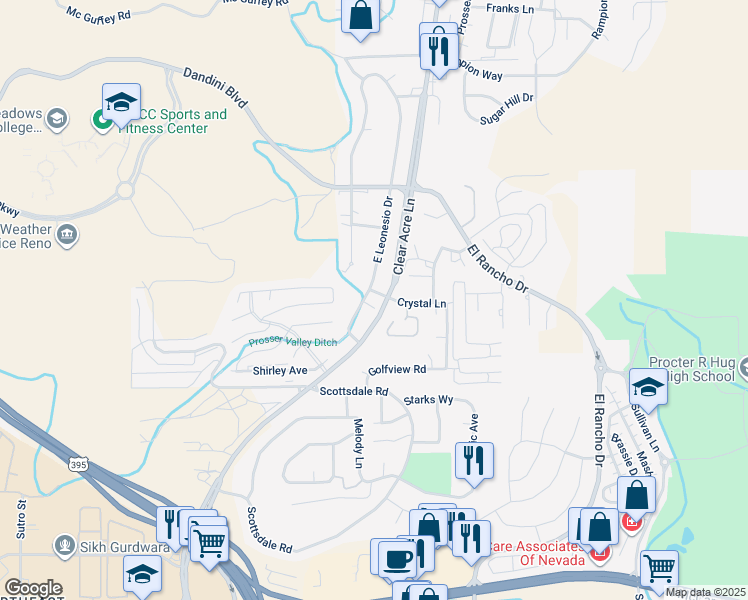 map of restaurants, bars, coffee shops, grocery stores, and more near 3895 East Leonesio Drive in Reno