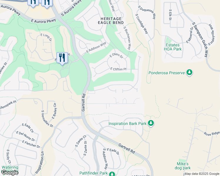 map of restaurants, bars, coffee shops, grocery stores, and more near 23493 East Phillips Place in Aurora