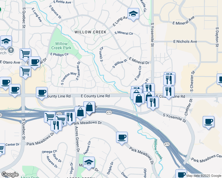 map of restaurants, bars, coffee shops, grocery stores, and more near 8398 East Phillips Place in Centennial