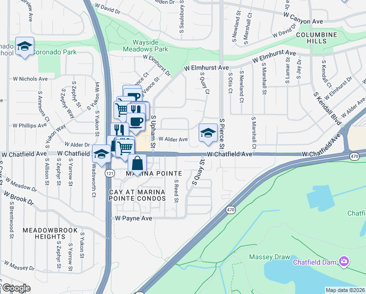 map of restaurants, bars, coffee shops, grocery stores, and more near 8258 South Reed Way in Littleton