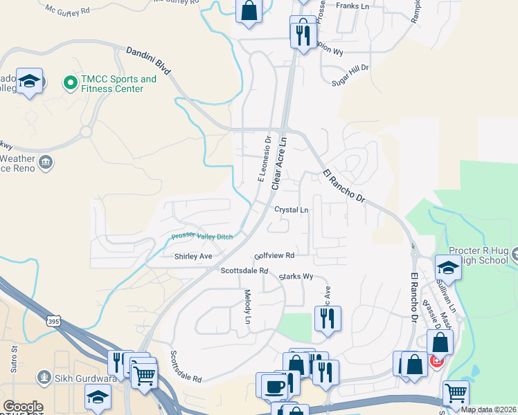 map of restaurants, bars, coffee shops, grocery stores, and more near 3895 East Leonesio Drive in Reno