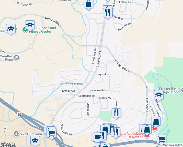 map of restaurants, bars, coffee shops, grocery stores, and more near 3895 East Leonesio Drive in Reno