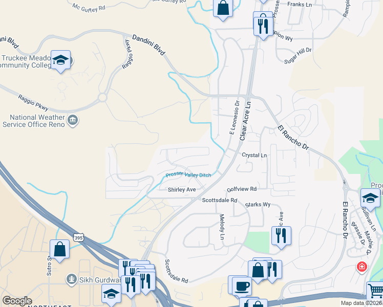 map of restaurants, bars, coffee shops, grocery stores, and more near 3801-3899 Joy Ln in Reno