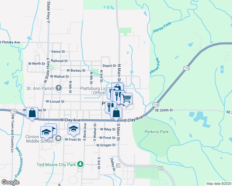 map of restaurants, bars, coffee shops, grocery stores, and more near 108 West Maple Street in Plattsburg