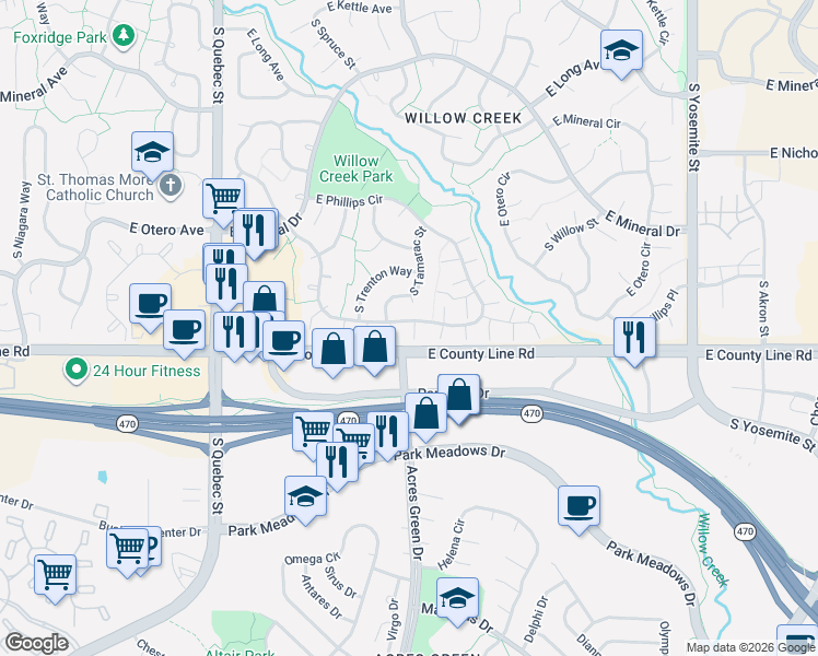 map of restaurants, bars, coffee shops, grocery stores, and more near 7996 East Phillips Circle in Centennial