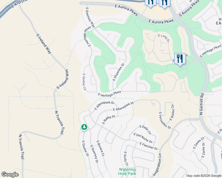 map of restaurants, bars, coffee shops, grocery stores, and more near 8265 South Shawnee Street in Aurora