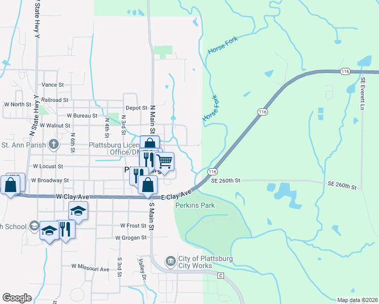 map of restaurants, bars, coffee shops, grocery stores, and more near 402 North Bluff Street in Plattsburg