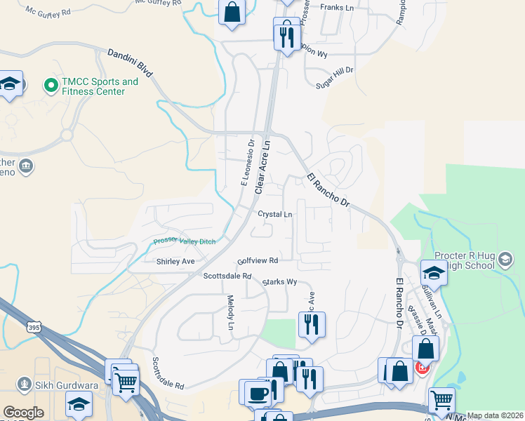map of restaurants, bars, coffee shops, grocery stores, and more near 3953 Clear Acre Lane in Reno