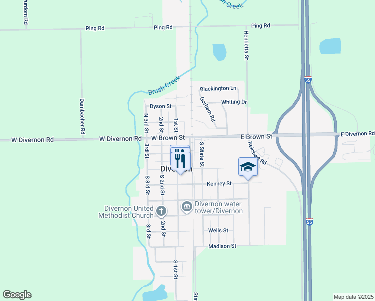 map of restaurants, bars, coffee shops, grocery stores, and more near 17 West Lewis Street in Divernon