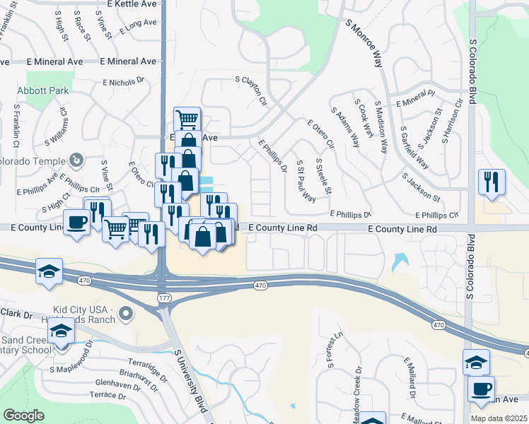 map of restaurants, bars, coffee shops, grocery stores, and more near 8264 South Fillmore Circle in Centennial