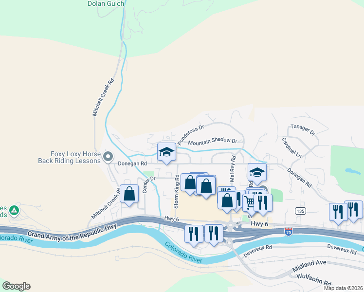 map of restaurants, bars, coffee shops, grocery stores, and more near 288 Mountain Shadow Drive in Glenwood Springs