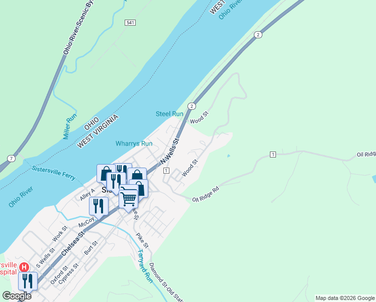 map of restaurants, bars, coffee shops, grocery stores, and more near 244 Wood Street in Sistersville