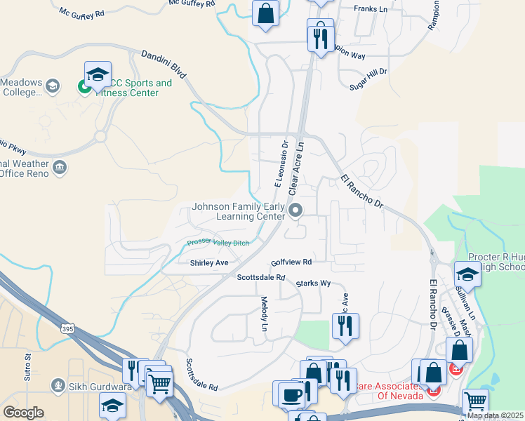 map of restaurants, bars, coffee shops, grocery stores, and more near 3885 East Leonesio Drive in Reno