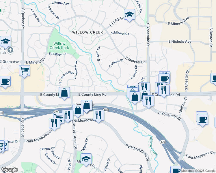 map of restaurants, bars, coffee shops, grocery stores, and more near 8398 East Phillips Place in Centennial