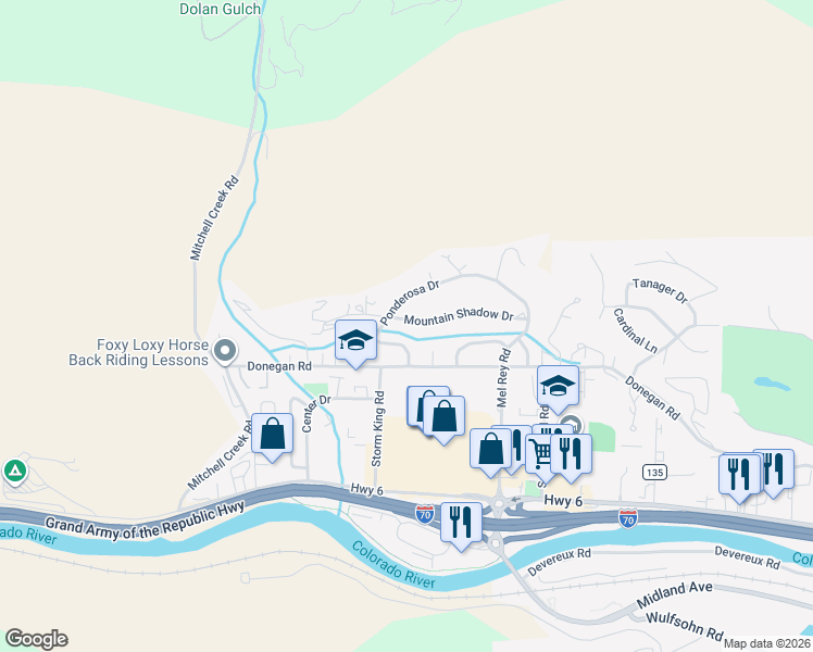 map of restaurants, bars, coffee shops, grocery stores, and more near 288 Mountain Shadow Drive in Glenwood Springs