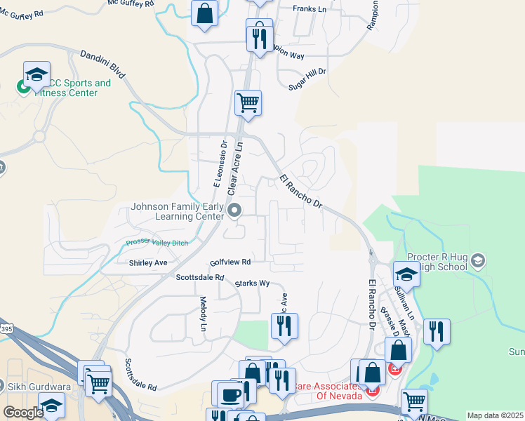 map of restaurants, bars, coffee shops, grocery stores, and more near 3948 Clear Acre Lane in Reno