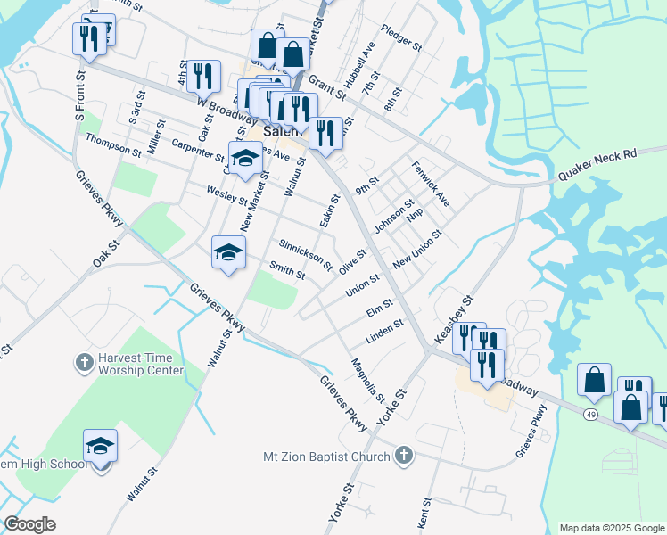 map of restaurants, bars, coffee shops, grocery stores, and more near 280 Sinnickson Street in Salem