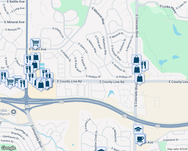 map of restaurants, bars, coffee shops, grocery stores, and more near 3185 East Phillips Drive in Centennial