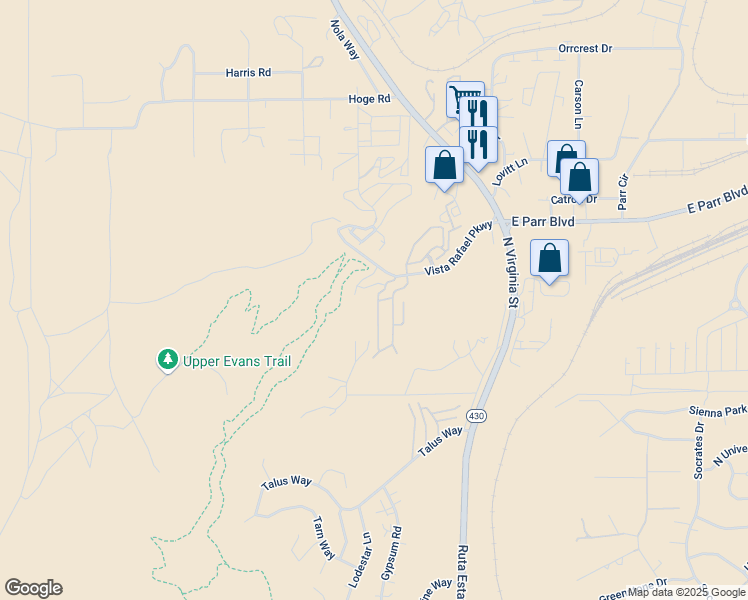map of restaurants, bars, coffee shops, grocery stores, and more near 4279 Amber Marie Lane in Reno