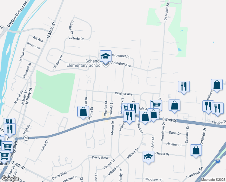 map of restaurants, bars, coffee shops, grocery stores, and more near 801 Virginia Avenue in Franklin