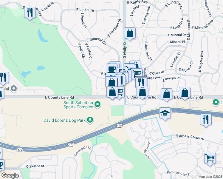 map of restaurants, bars, coffee shops, grocery stores, and more near 8239 South Holly Street in Centennial
