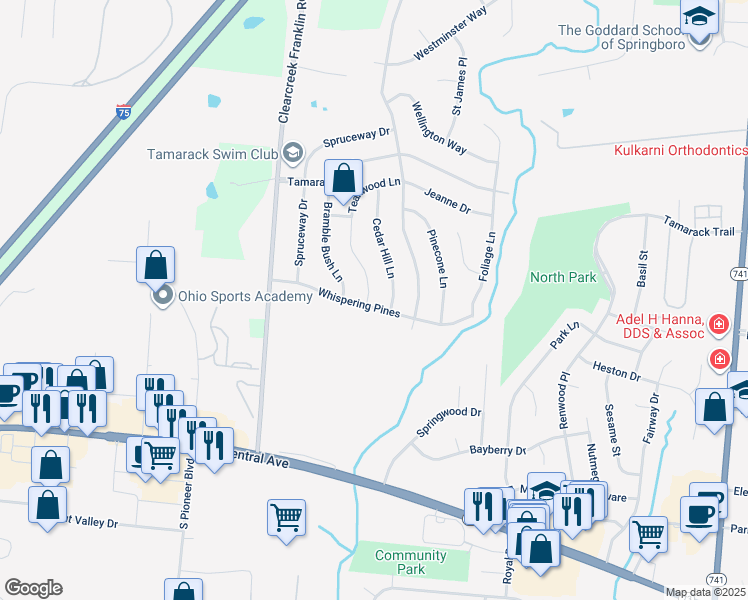 map of restaurants, bars, coffee shops, grocery stores, and more near 100 Teakwood Lane in Springboro