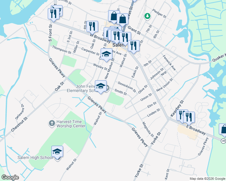 map of restaurants, bars, coffee shops, grocery stores, and more near 78 Walnut Street in Salem