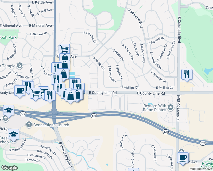 map of restaurants, bars, coffee shops, grocery stores, and more near 3093 East Phillips Drive in Centennial