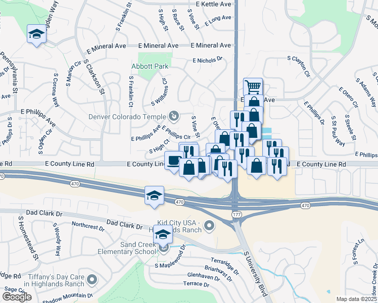 map of restaurants, bars, coffee shops, grocery stores, and more near 2079 East Phillips Lane in Centennial