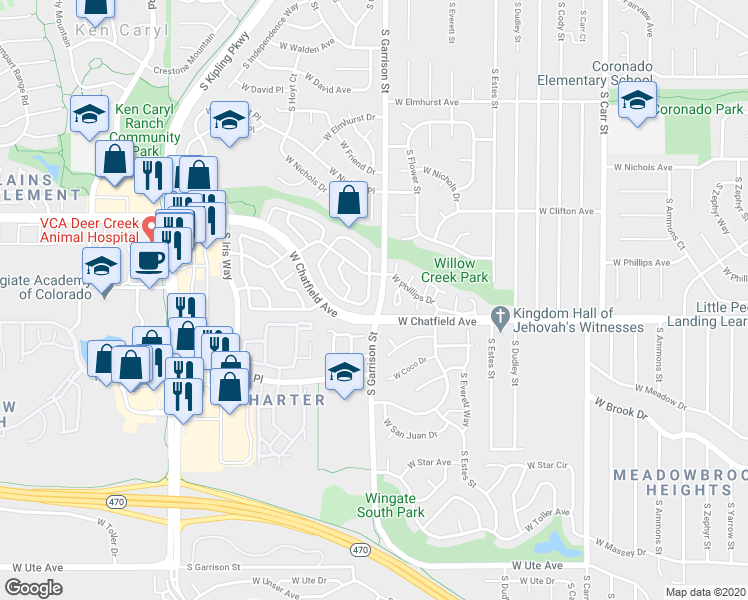 map of restaurants, bars, coffee shops, grocery stores, and more near 9631 West Chatfield Avenue in Littleton
