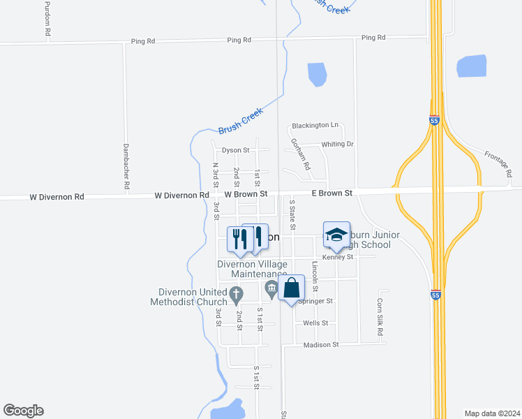 map of restaurants, bars, coffee shops, grocery stores, and more near 17 West Lewis Street in Divernon