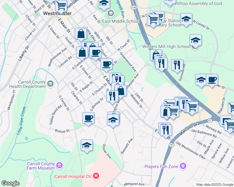 map of restaurants, bars, coffee shops, grocery stores, and more near 290 East Main Street in Westminster