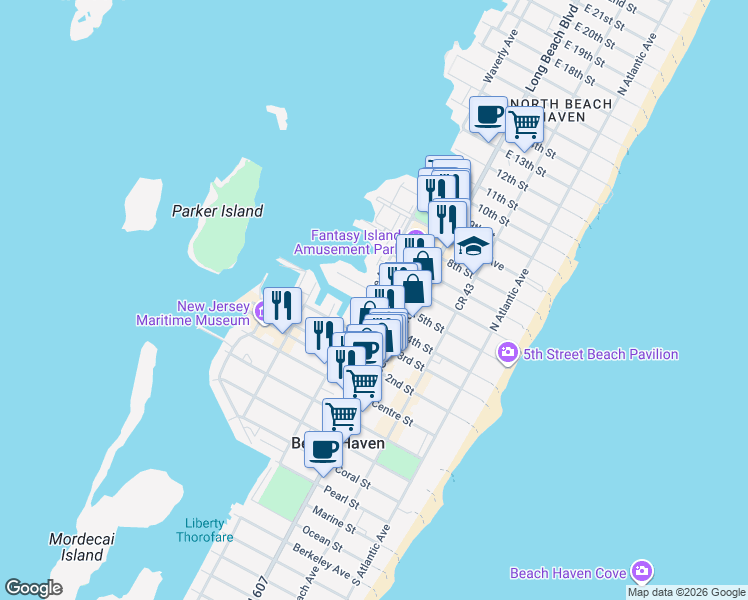 map of restaurants, bars, coffee shops, grocery stores, and more near 409A North Delaware Avenue in Beach Haven