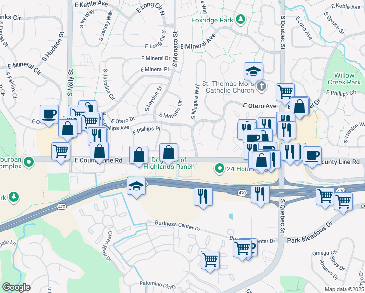 map of restaurants, bars, coffee shops, grocery stores, and more near 6569 East Phillips Place in Centennial