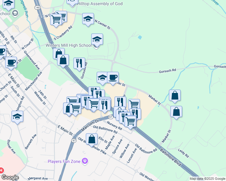 map of restaurants, bars, coffee shops, grocery stores, and more near 200 Malcolm Drive in Westminster