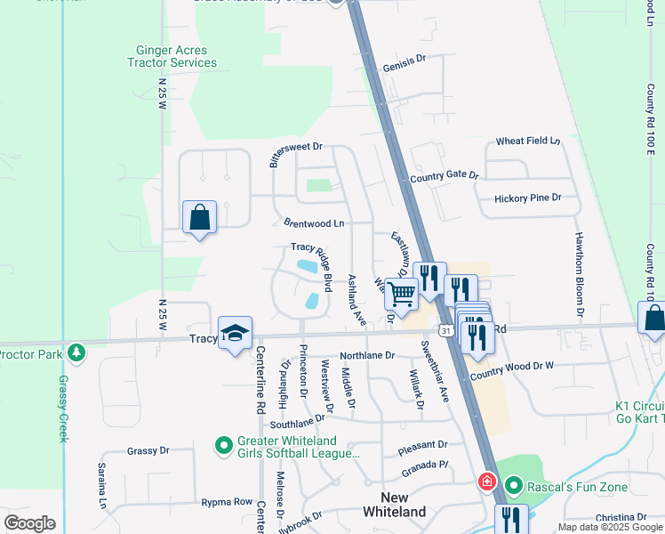 map of restaurants, bars, coffee shops, grocery stores, and more near 162 Tracy Ridge Boulevard in Whiteland