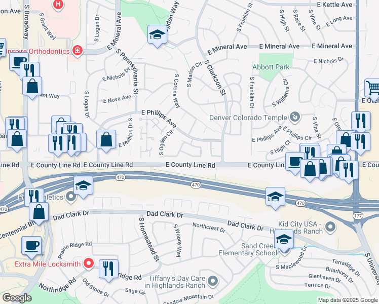 map of restaurants, bars, coffee shops, grocery stores, and more near 1159 East Phillips Drive in Littleton