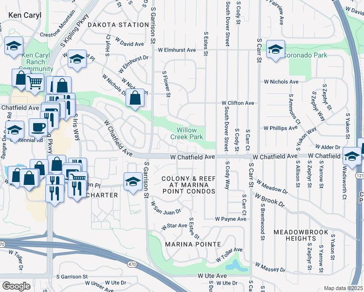 map of restaurants, bars, coffee shops, grocery stores, and more near 9041 West Phillips Drive in Littleton