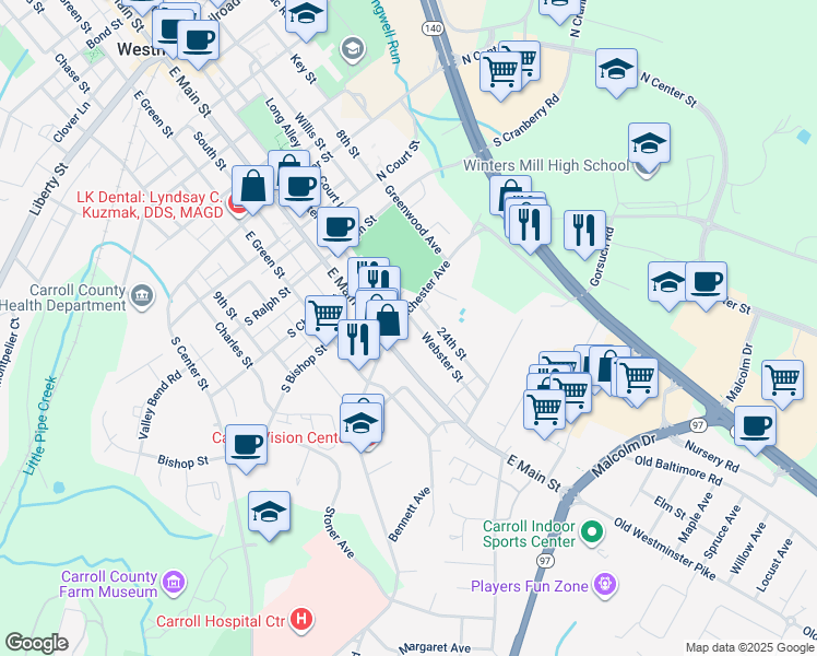 map of restaurants, bars, coffee shops, grocery stores, and more near 10 Webster St in Westminster