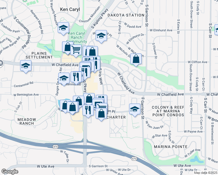 map of restaurants, bars, coffee shops, grocery stores, and more near 9620 West Chatfield Avenue in Littleton