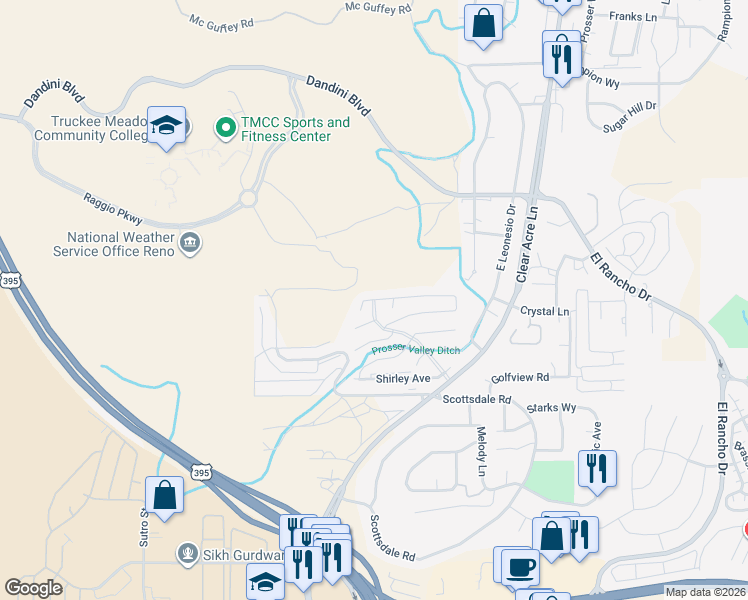 map of restaurants, bars, coffee shops, grocery stores, and more near 3844 Joy Lane in Reno