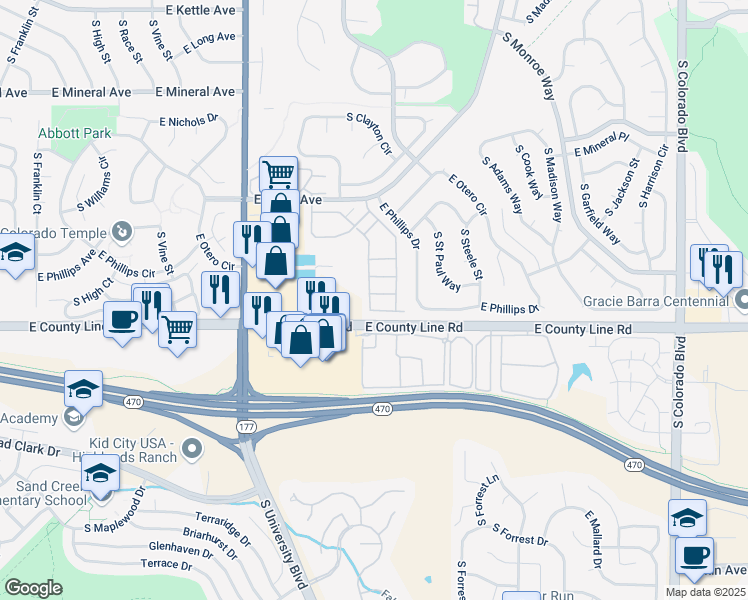 map of restaurants, bars, coffee shops, grocery stores, and more near 8264 South Fillmore Circle in Centennial