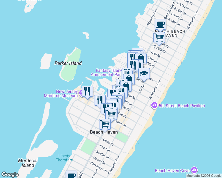 map of restaurants, bars, coffee shops, grocery stores, and more near 409A North Delaware Avenue in Beach Haven