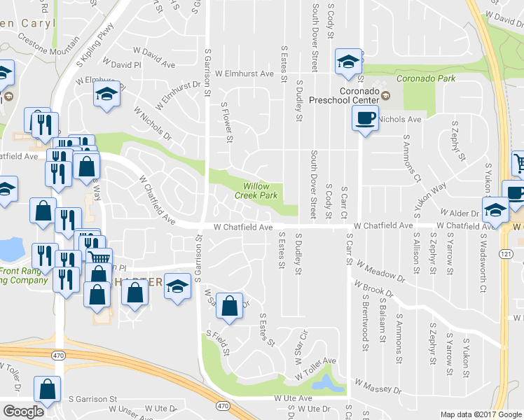 map of restaurants, bars, coffee shops, grocery stores, and more near 8931 West Phillips Drive in Littleton