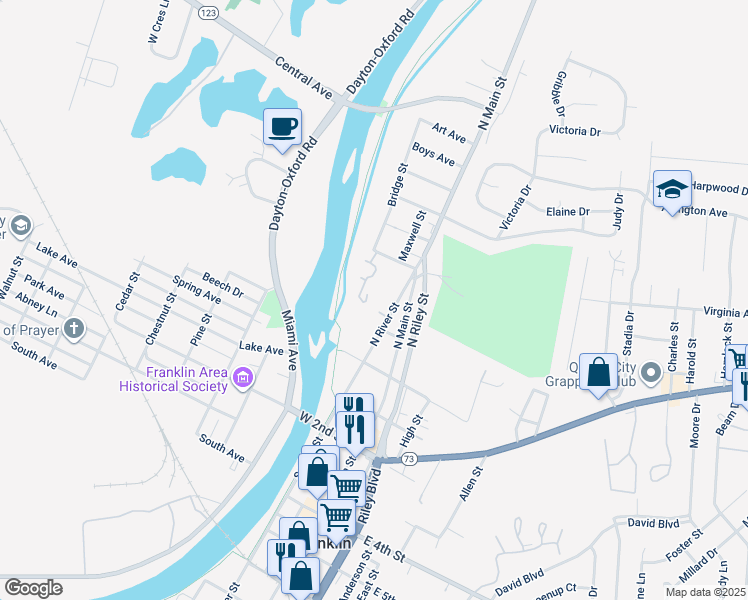 map of restaurants, bars, coffee shops, grocery stores, and more near 125 North River Street in Franklin