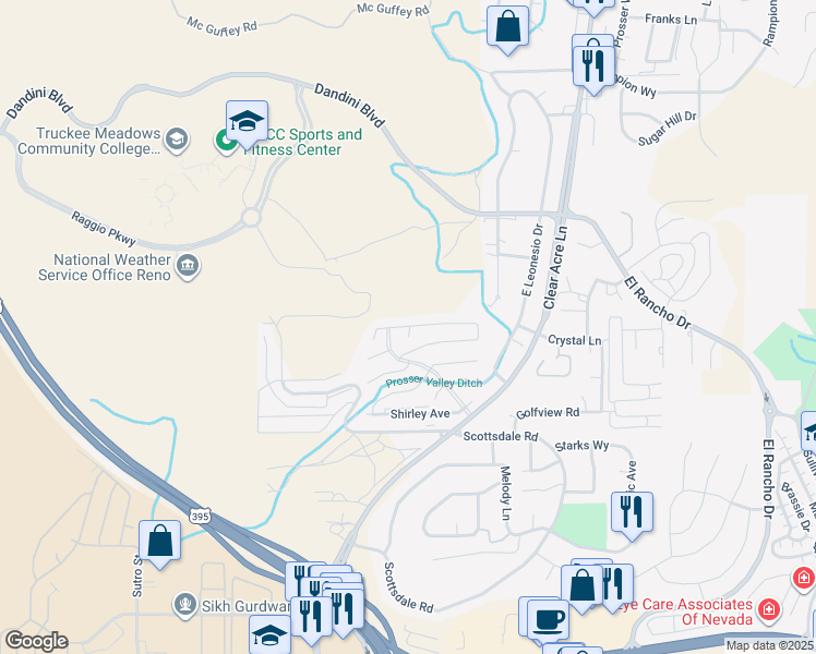 map of restaurants, bars, coffee shops, grocery stores, and more near 3819 Joy Lane in Reno