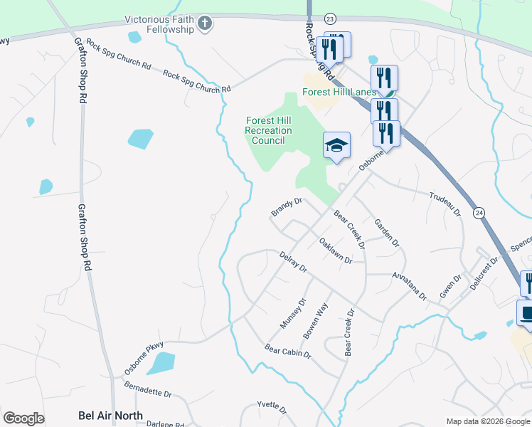 map of restaurants, bars, coffee shops, grocery stores, and more near 2072 Brandy Drive in Forest Hill